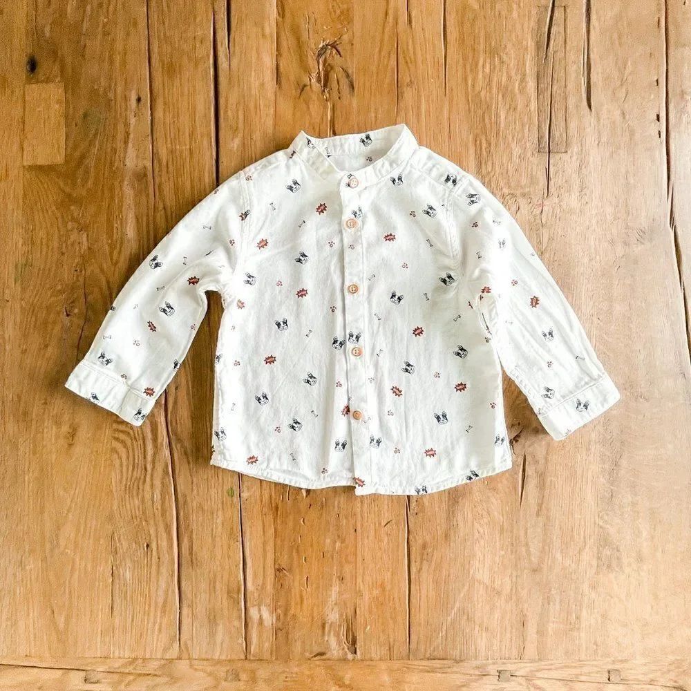 Zara Boston Terrier Button Down Shirt, Size 6/9M